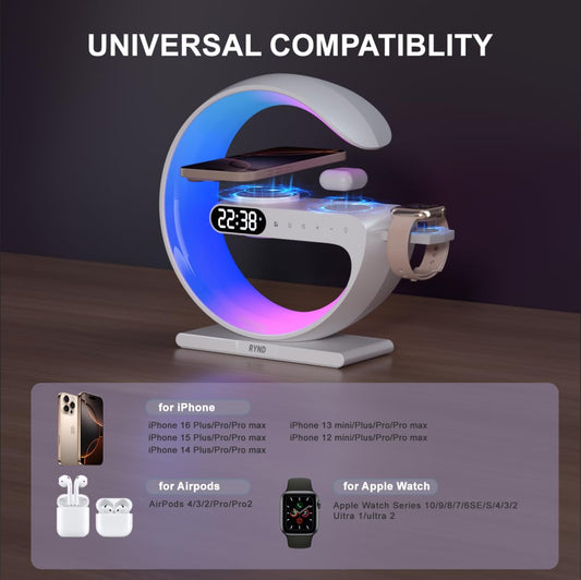 RYND 2026 Reloj despertador con altavoz magnético 5 en 1 con cargador inalámbrico, lámpara de noche con luz nocturna ajustable