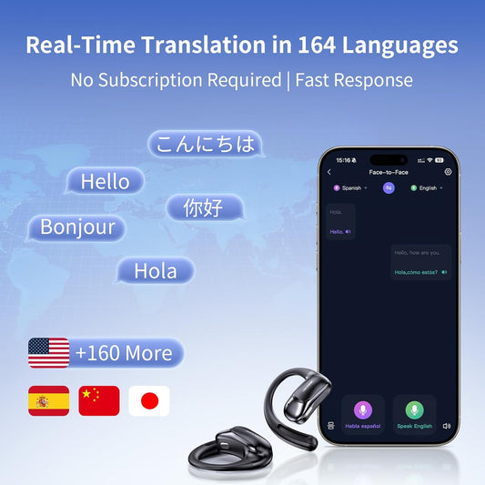 Auriculares con traducción AI, traducción de voz bidireccional en tiempo real, sin suscripción.