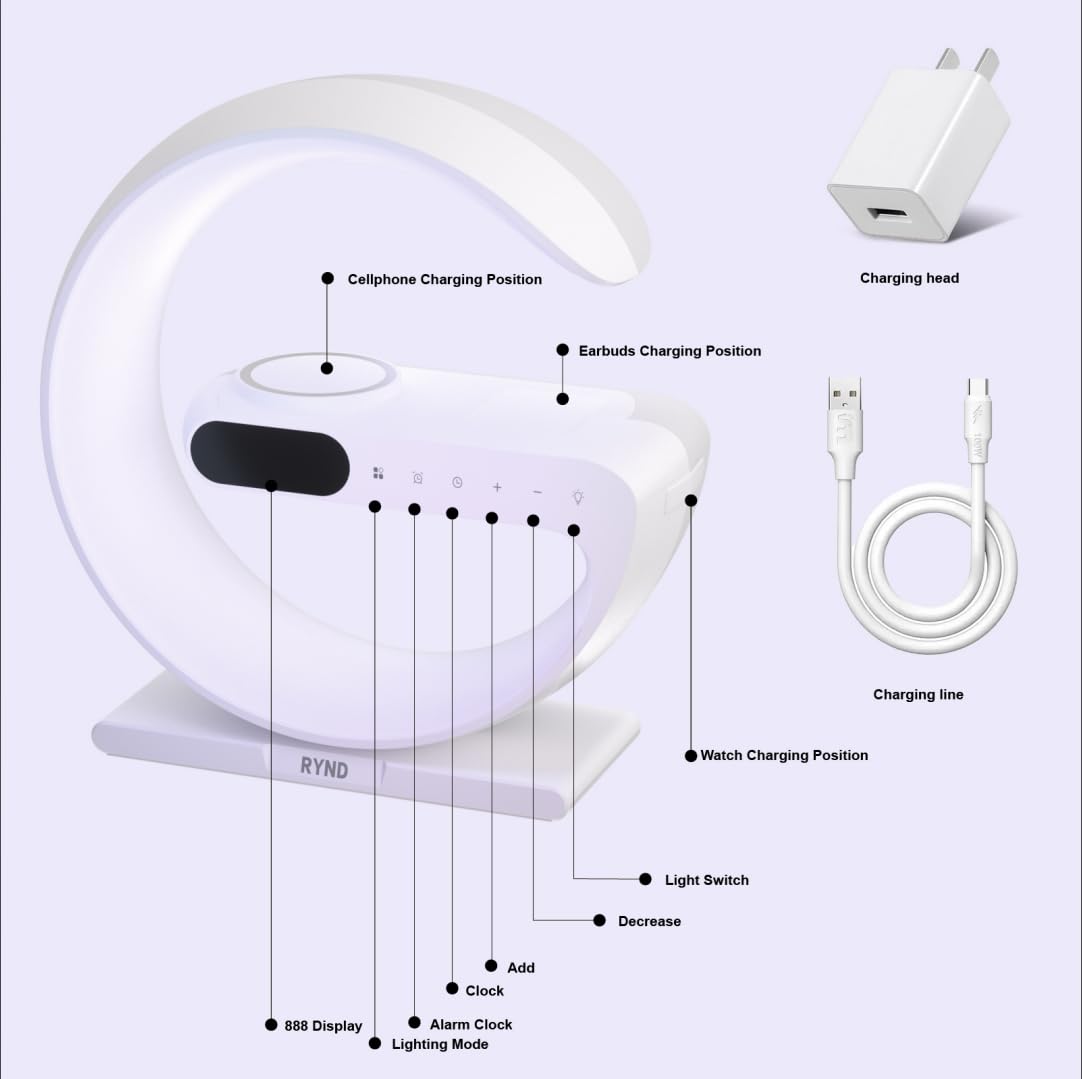 RYND 2026 Reloj despertador con altavoz magnético 5 en 1 con cargador inalámbrico, lámpara de noche con luz nocturna ajustable