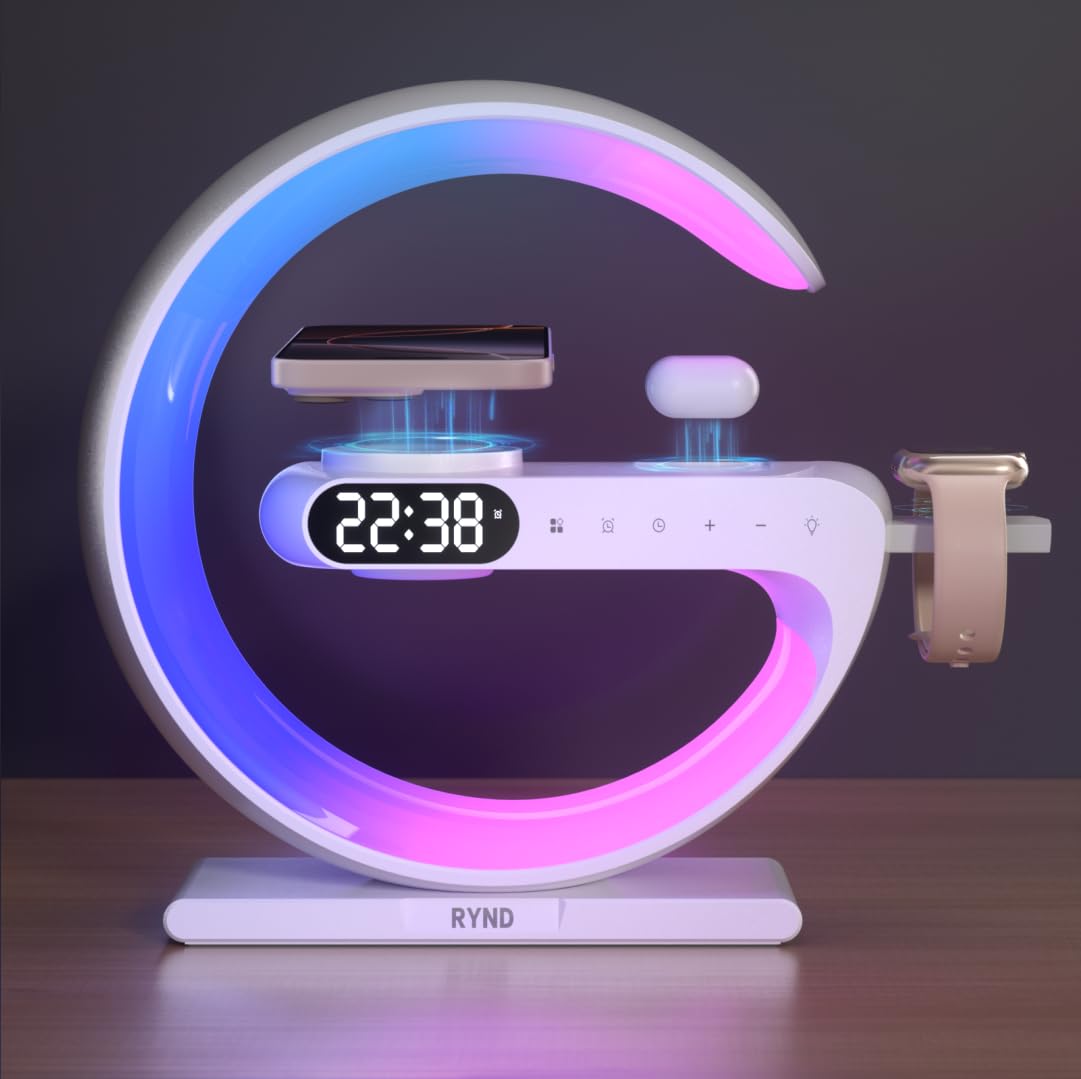 RYND 2026 Reloj despertador con altavoz magnético 5 en 1 con cargador inalámbrico, lámpara de noche con luz nocturna ajustable