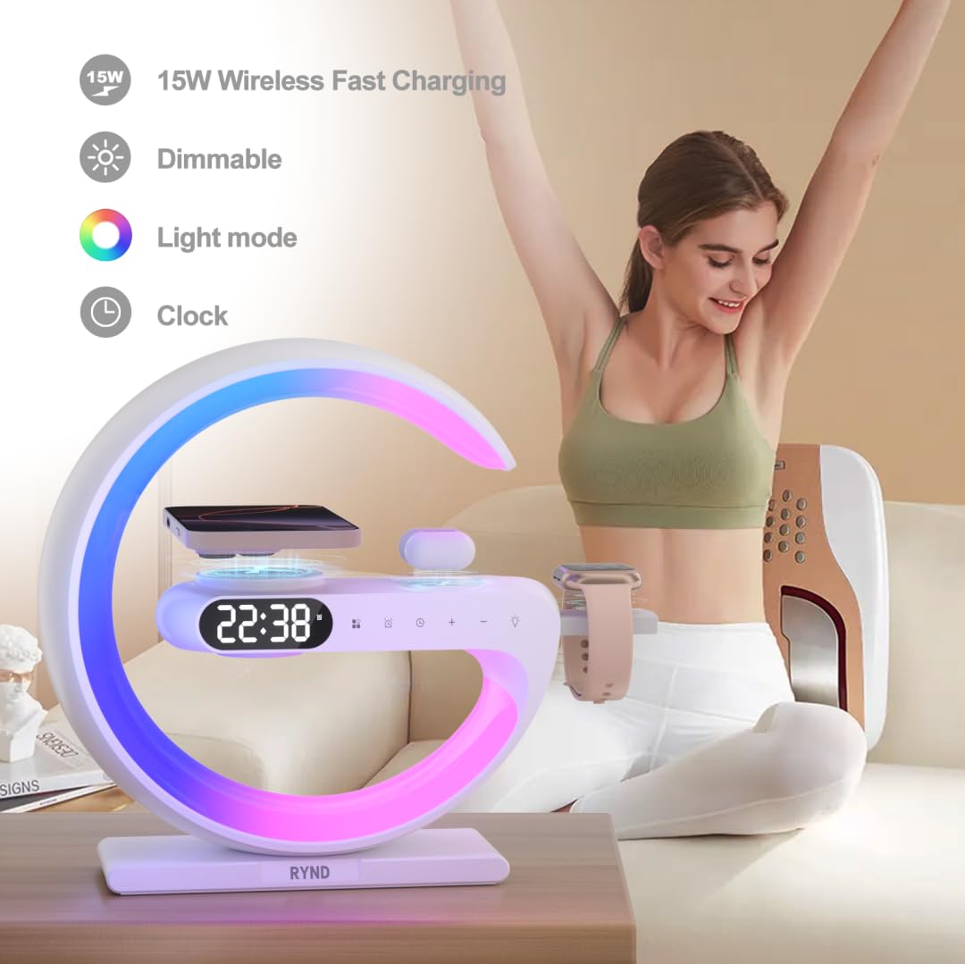 RYND 2026 Reloj despertador con altavoz magnético 5 en 1 con cargador inalámbrico, lámpara de noche con luz nocturna ajustable