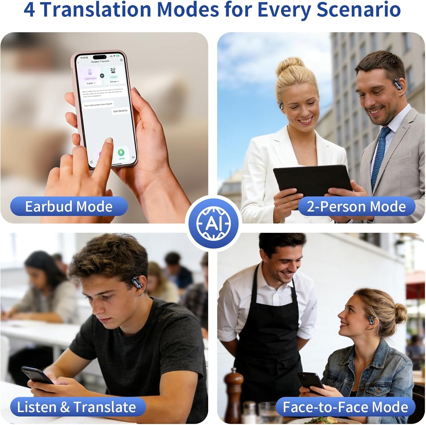 Auriculares con traducción AI, traducción de voz bidireccional en tiempo real, sin suscripción.